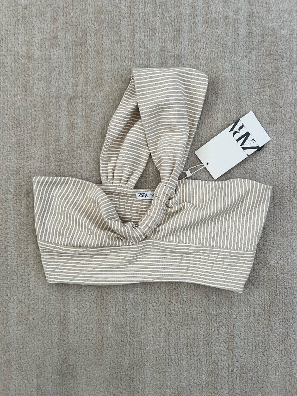 NWT ZARA Striped Asymmetrical Crop Top Tan White One Shoulder S